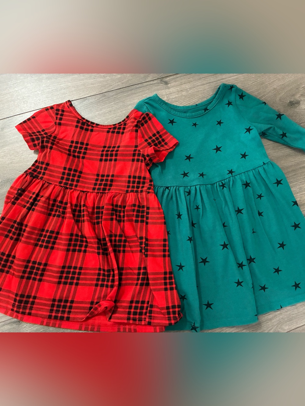 Cat & Jack Red Plaid Dress and Teal Star Long-Sleeve Top Set